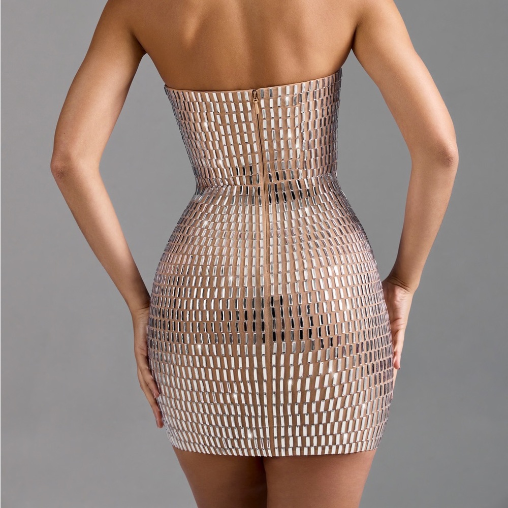 Oh Polly 🌸 Aurora Embellished Bandeau Mini Dress in Almond - NWT - Small/4 - Picture 5 of 6